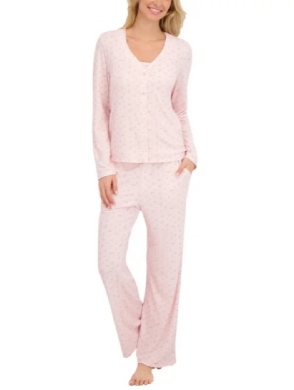 New Live 2 Lounge 3-Piece Set Pink Medium Floral Tank Pants Cardigan Lounge PJ - Picture 2 of 10